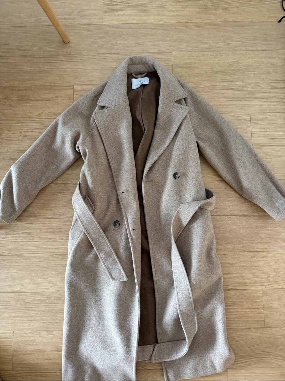 Womens Beige Long Belted Wool-Blend Coat